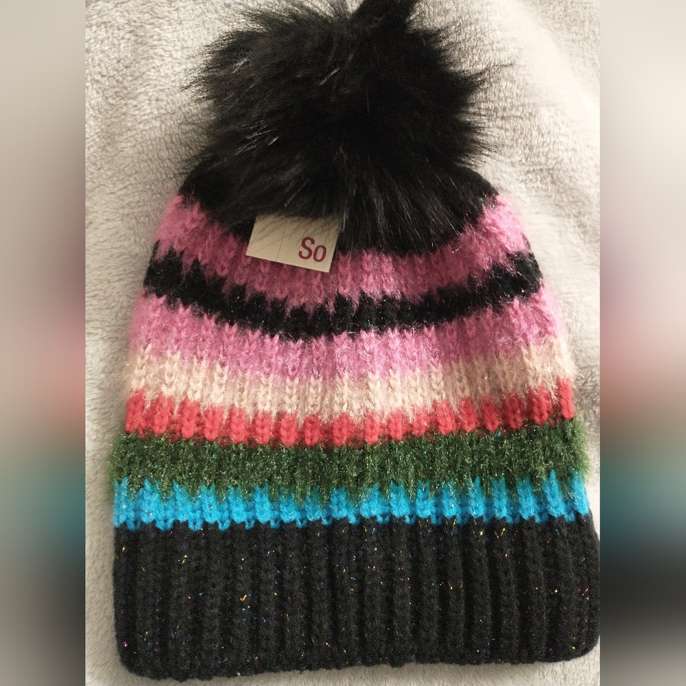 Women's OS Knit Multi-colored Striped Hat with Fuzzy Top NWT